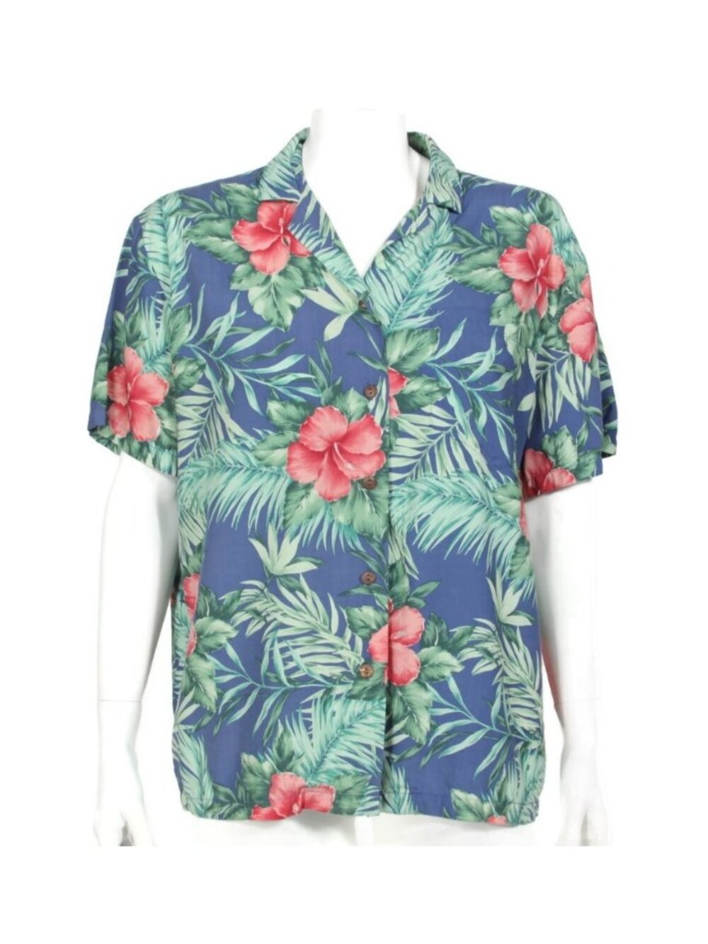 HILO HATTIE Blue Red Hibiscus Flower Hawaiian Button Up Top sz Small